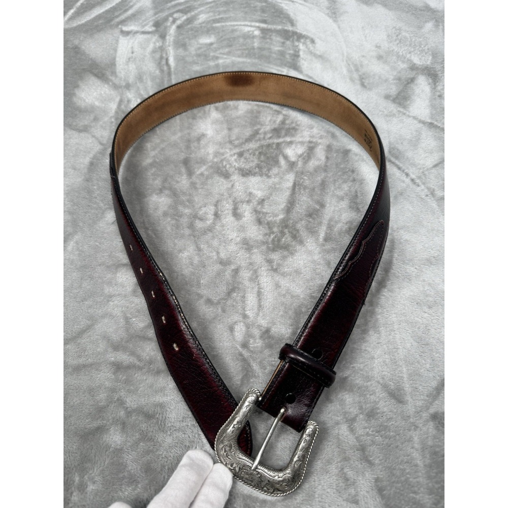 Vintage Tony Lama Belt & Buckle Mens 34 Burgundy Leather Western Cowboy Rodeo